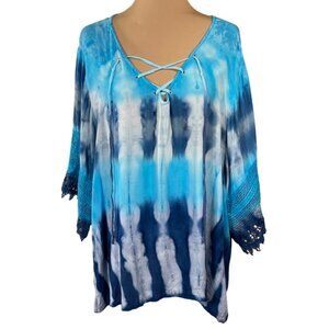 Cato Knit Top Lace-Up V-Neck Size 22/24 Blue Teal Lace Trim